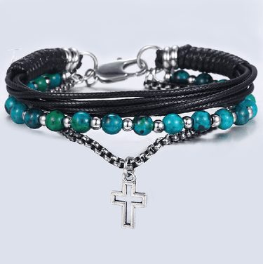 Chrysocolla Stone , Leather & Box Link 3pc DETOX Bracelet Set